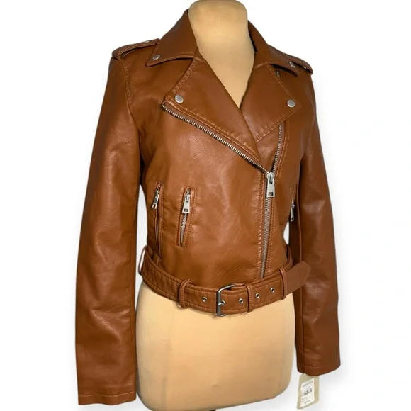 LEVI’S faux leather moto jacket cognac brown Women’s size Small 90’s style CBK - Picture 4 of 17